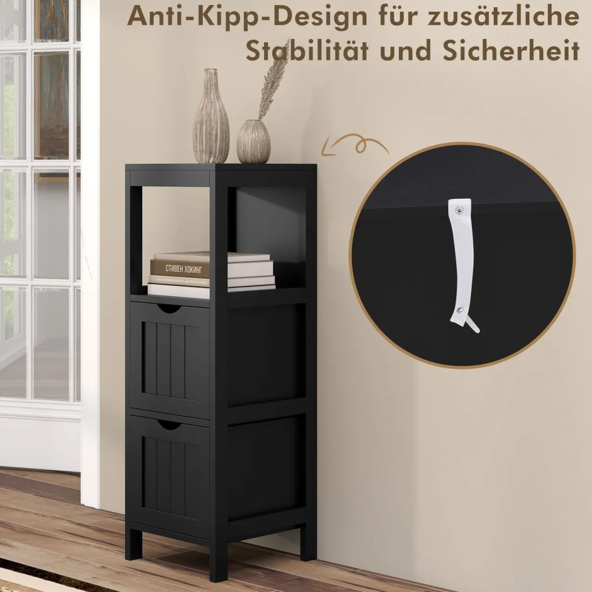 Schmaler Badezimmerschrank mit 2 Schubladen & Offenen Regal Badschrank Lagerschrank