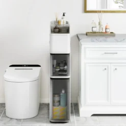 Schmaler Badezimmerschrank mit 2 Schubladen & Taschentuchbox Platzsparender Badschrank Weiß