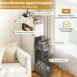 Schmaler Badezimmerschrank mit 2 Schubladen & Taschentuchbox Platzsparender Badschrank Weiß
