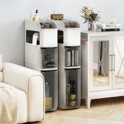 Schmaler Badezimmerschrank mit 2 Schubladen & Taschentuchbox Platzsparender Badschrank Weiß