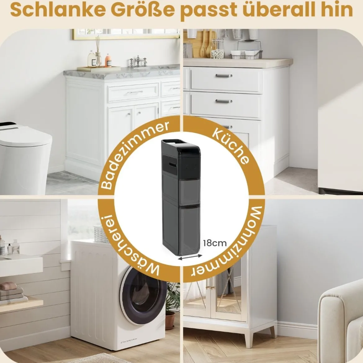 Schmaler Badezimmerschrank mit 2 Schubladen & Taschentuchbox Platzsparender Badschrank Schwarz