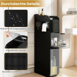 Schmaler Badezimmerschrank mit 2 Schubladen & Taschentuchbox Platzsparender Badschrank Schwarz