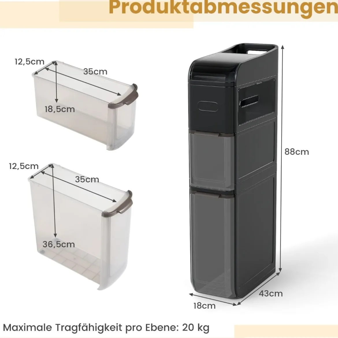 Schmaler Badezimmerschrank mit 2 Schubladen & Taschentuchbox Platzsparender Badschrank Schwarz