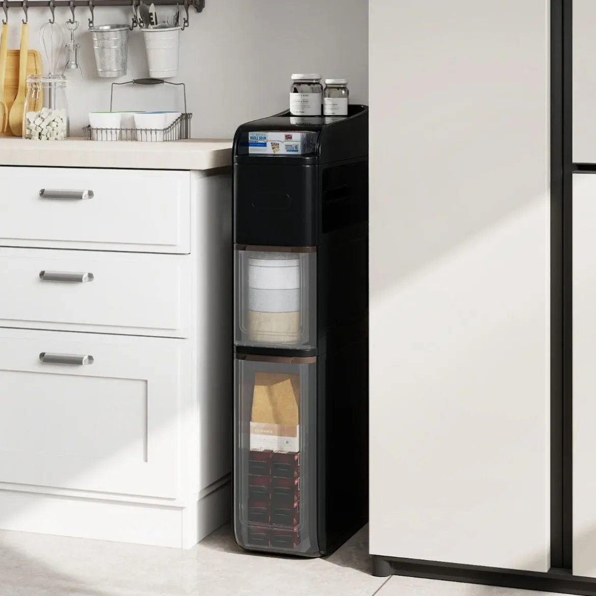 Schmaler Badezimmerschrank mit 2 Schubladen & Taschentuchbox Platzsparender Badschrank Schwarz