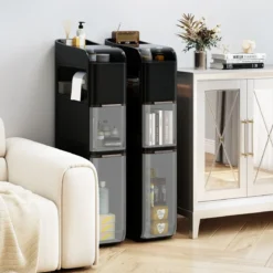Schmaler Badezimmerschrank mit 2 Schubladen & Taschentuchbox Platzsparender Badschrank Schwarz