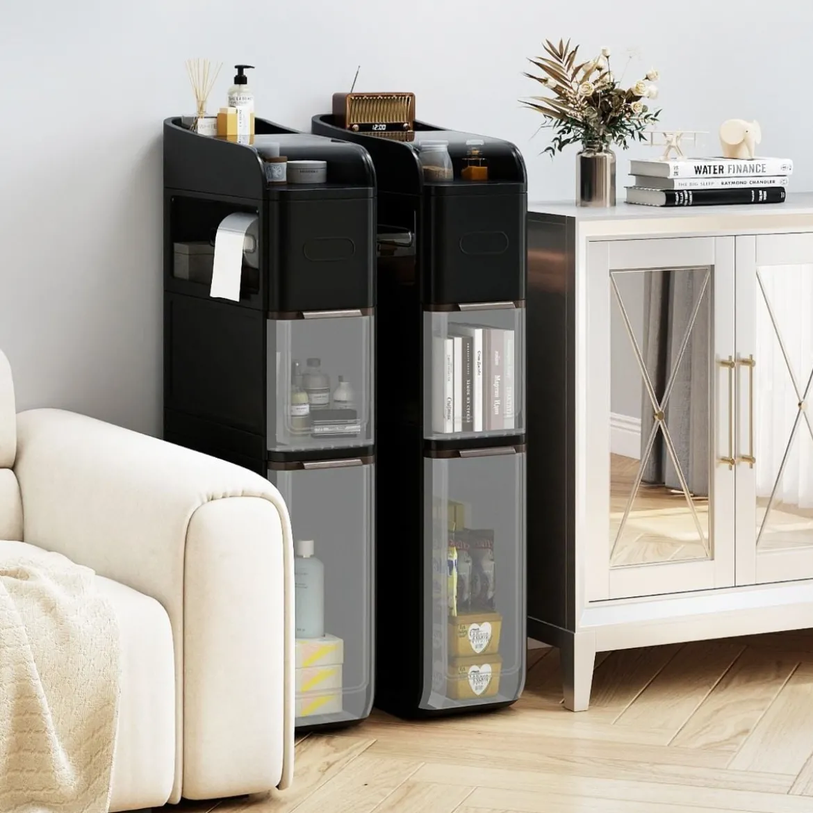 Schmaler Badezimmerschrank mit 2 Schubladen & Taschentuchbox Platzsparender Badschrank Schwarz