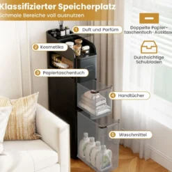 Schmaler Badezimmerschrank mit 2 Schubladen & Taschentuchbox Platzsparender Badschrank Schwarz