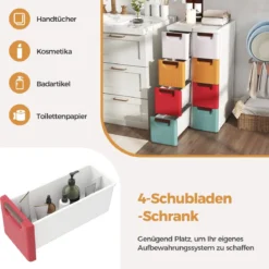 Schmaler Badezimmerschrank mit 4 Schubladen & Rädern Nischenregal Badschrank Bunt