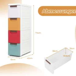 Schmaler Badezimmerschrank mit 4 Schubladen & Rädern Nischenregal Badschrank Bunt
