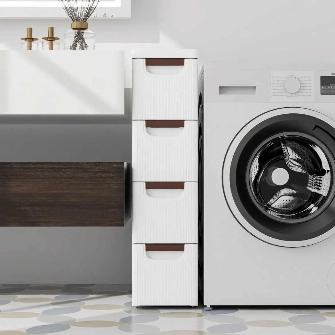 Schmaler Badezimmerschrank mit 4 Schubladen & Rädern Nischenregal Badschrank Weiß