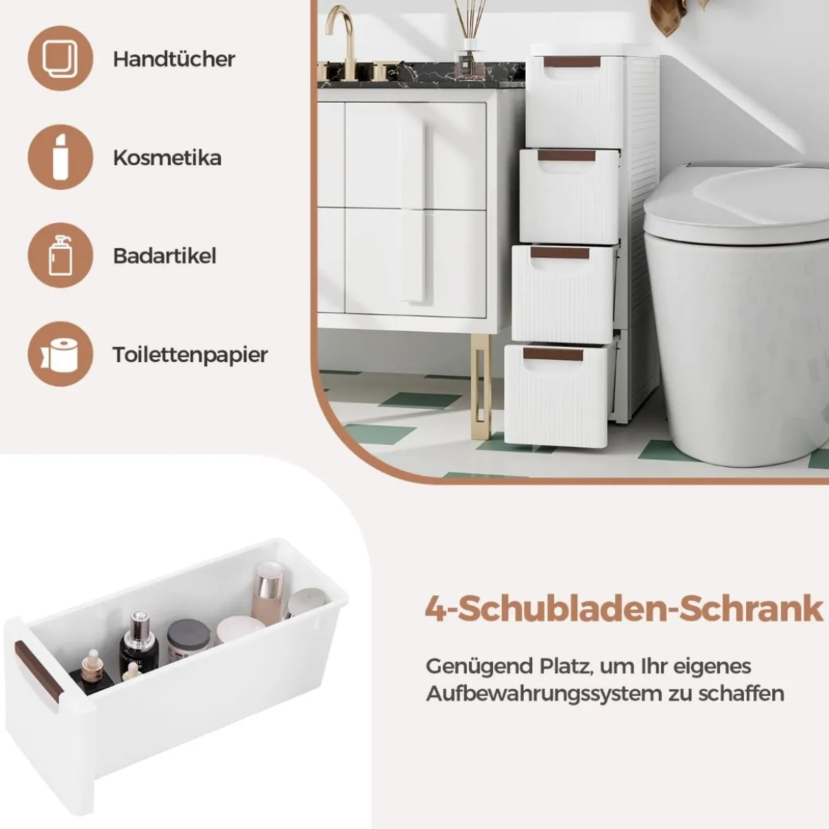 Schmaler Badezimmerschrank mit 4 Schubladen & Rädern Nischenregal Badschrank Weiß