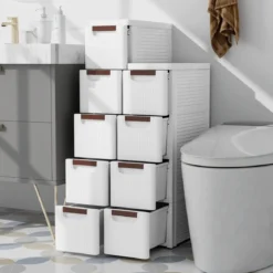 Schmaler Badezimmerschrank mit 4 Schubladen & Rädern Nischenregal Badschrank Weiß