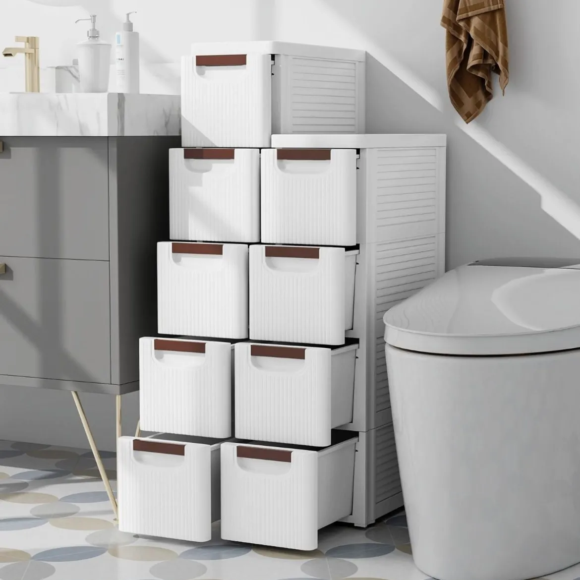 Schmaler Badezimmerschrank mit 4 Schubladen & Rädern Nischenregal Badschrank Weiß