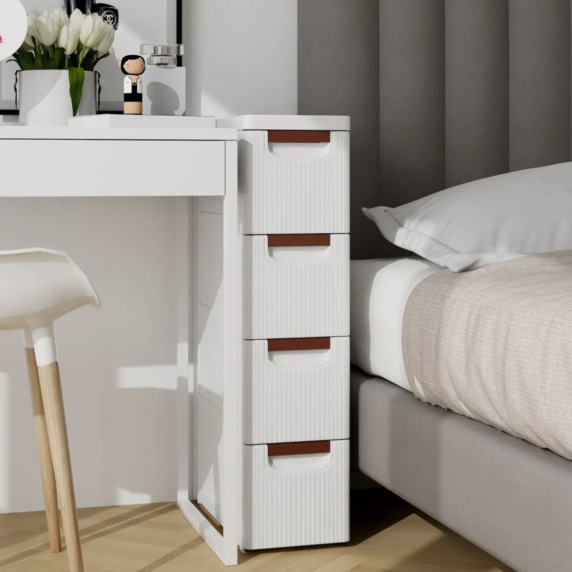 Schmaler Badezimmerschrank mit 4 Schubladen & Rädern Nischenregal Badschrank Weiß