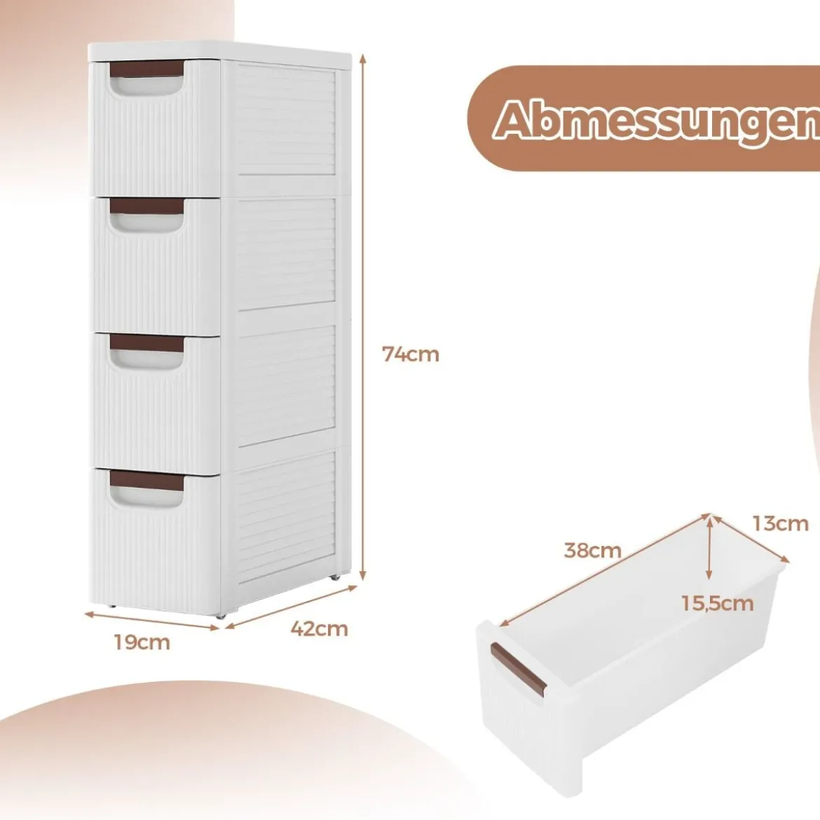 Schmaler Badezimmerschrank mit 4 Schubladen & Rädern Nischenregal Badschrank Weiß