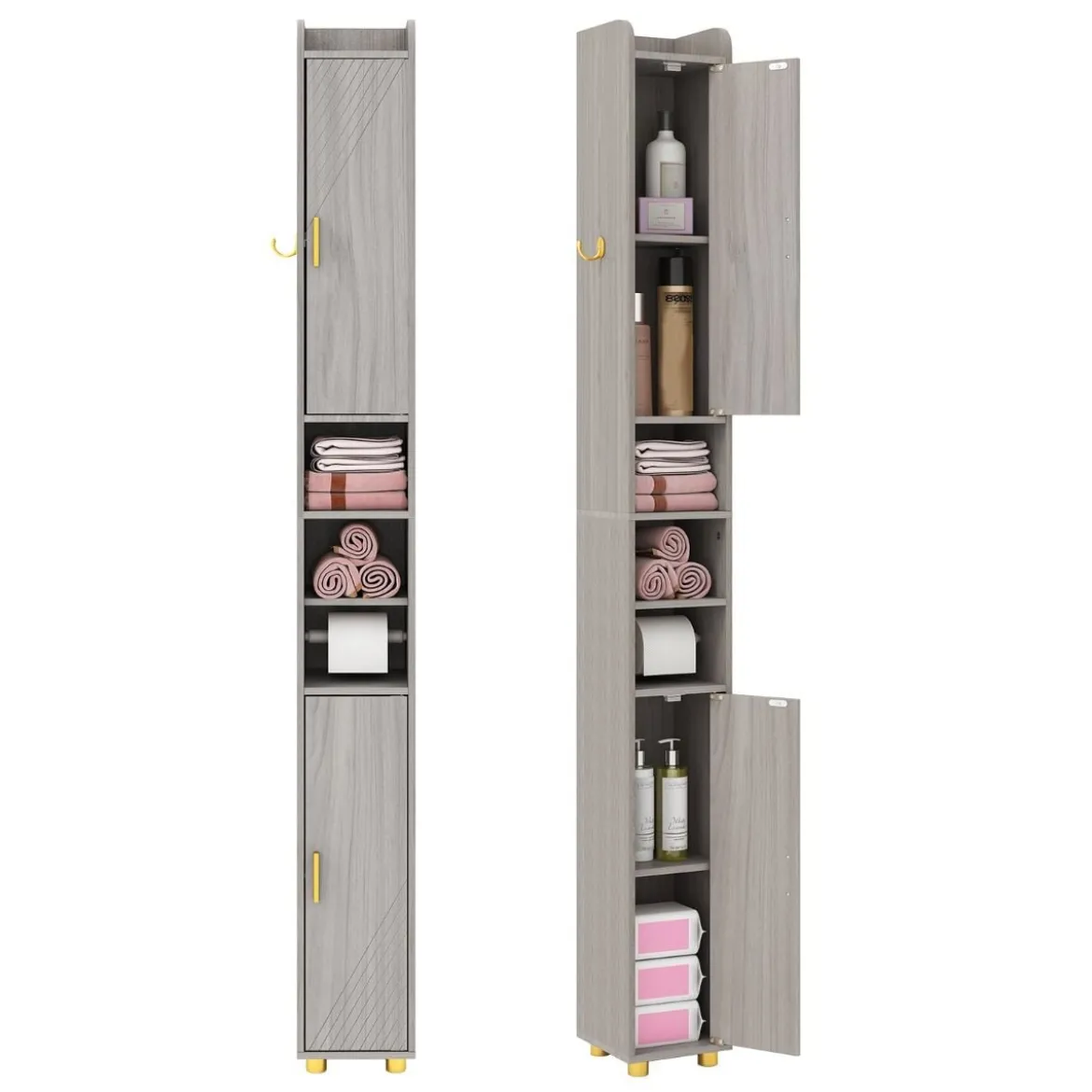 Schmaler Badschrank mit Toilettenpapierhalter & Seitenhaken Hochschrank Badezimmerschrank Grau