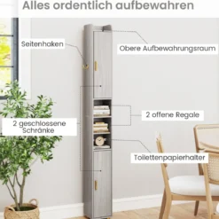 Schmaler Badschrank mit Toilettenpapierhalter & Seitenhaken Hochschrank Badezimmerschrank Grau