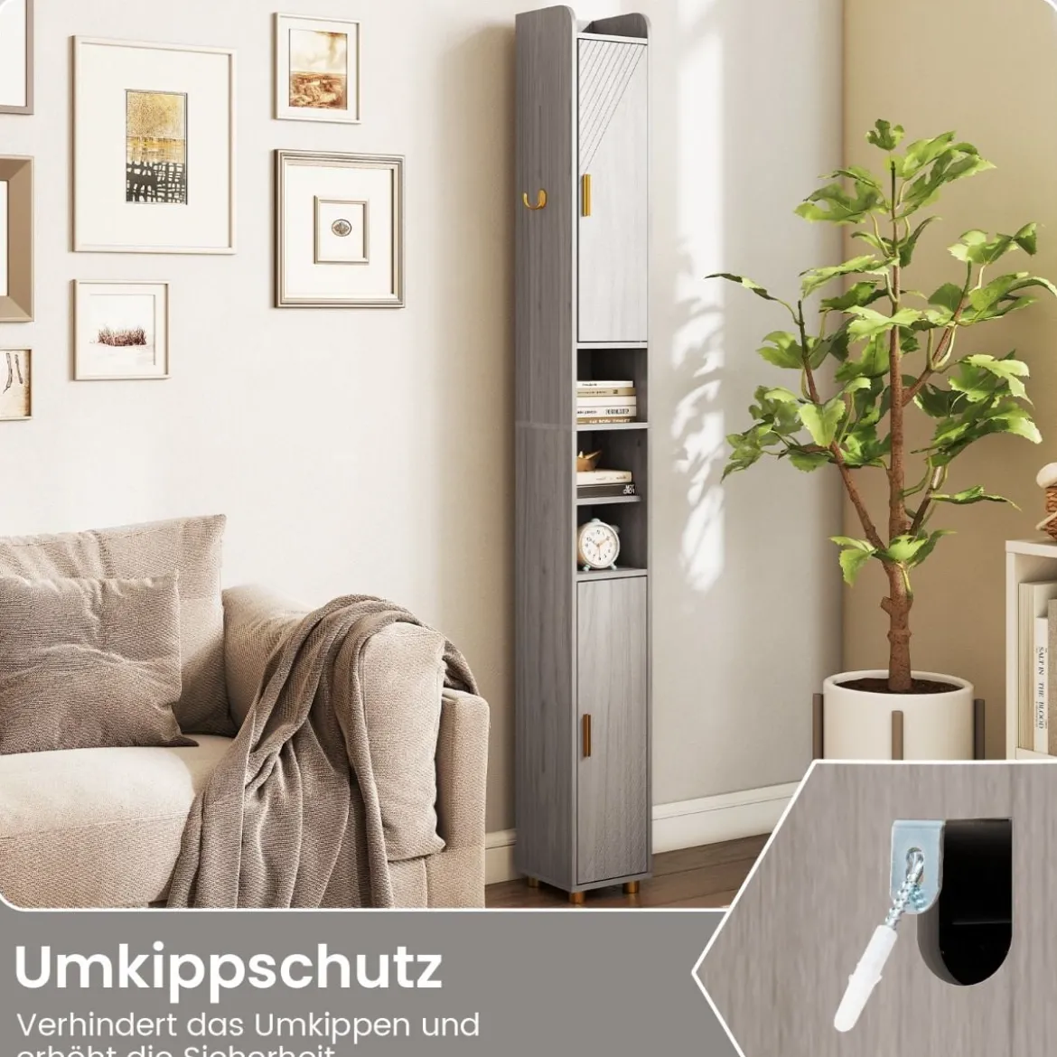 Schmaler Badschrank mit Toilettenpapierhalter & Seitenhaken Hochschrank Badezimmerschrank Grau