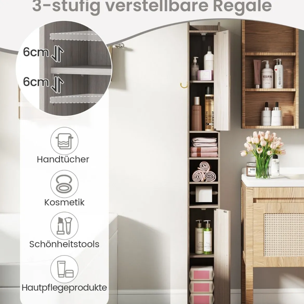 Schmaler Badschrank mit Toilettenpapierhalter & Seitenhaken Hochschrank Badezimmerschrank Grau
