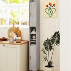 Schmaler Badschrank mit Toilettenpapierhalter & Seitenhaken Hochschrank Badezimmerschrank Grau
