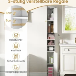 Schmaler Badschrank mit Toilettenpapierhalter & Seitenhaken Hochschrank Badezimmerschrank Weiß