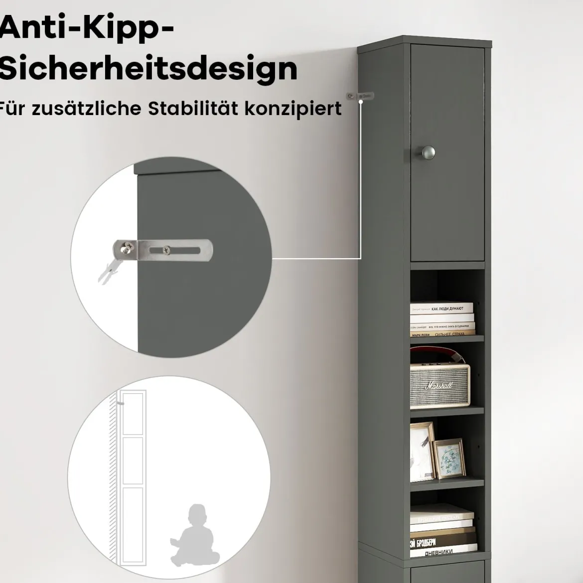 Schmaler Badschrank mit 2 Türen & 1 Schublade & Verstellbaren Regalen Badezimmerschrank Grau