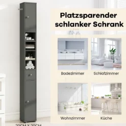Schmaler Badschrank mit 2 Türen & 1 Schublade & Verstellbaren Regalen Badezimmerschrank Grau