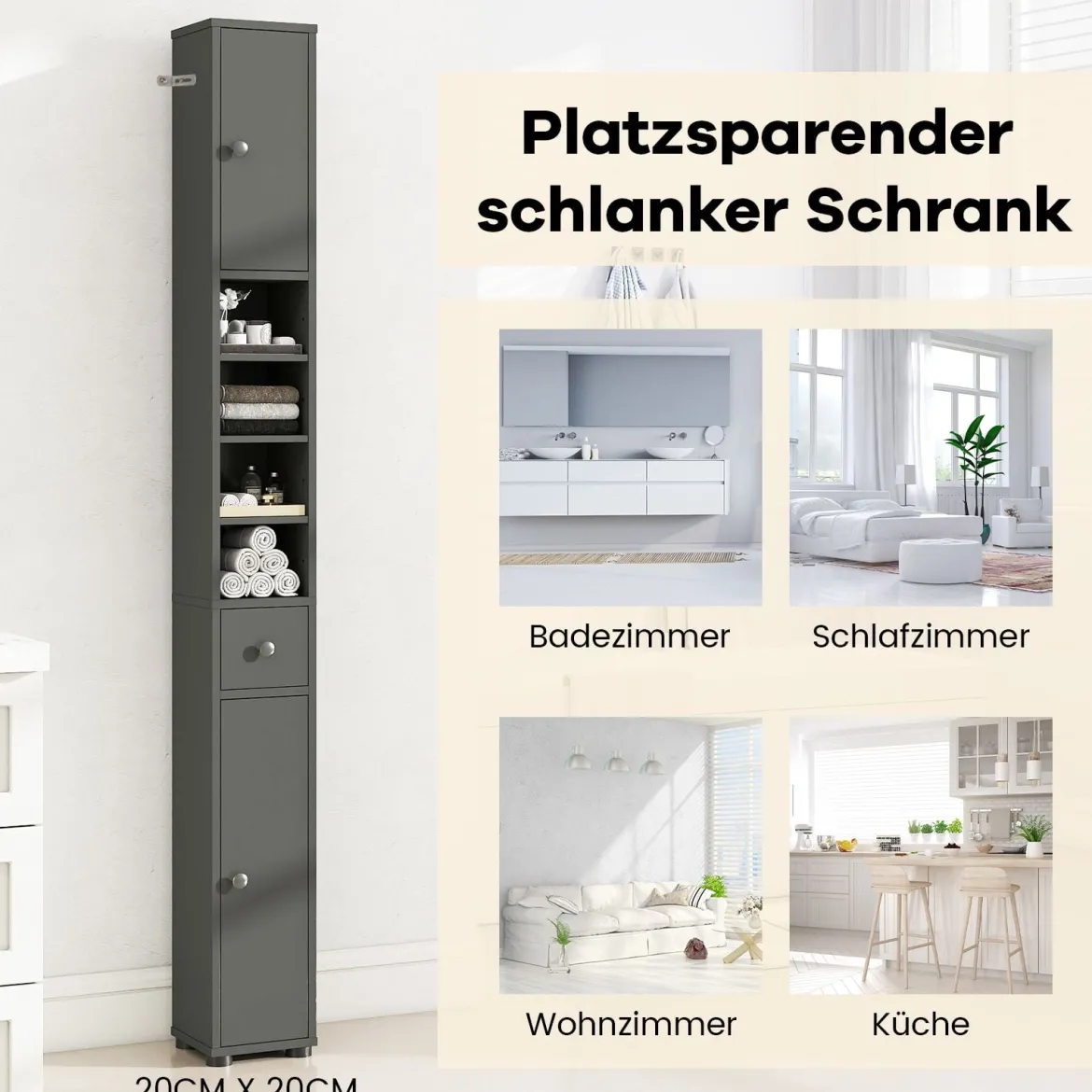 Schmaler Badschrank mit 2 Türen & 1 Schublade & Verstellbaren Regalen Badezimmerschrank Grau