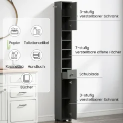 Schmaler Badschrank mit 2 Türen & 1 Schublade & Verstellbaren Regalen Badezimmerschrank Grau