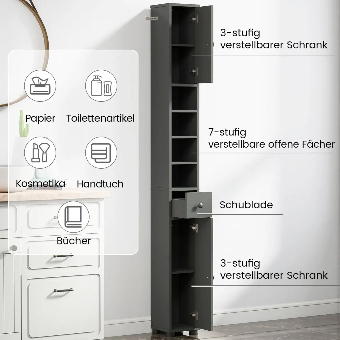 Schmaler Badschrank mit 2 Türen & 1 Schublade & Verstellbaren Regalen Badezimmerschrank Grau