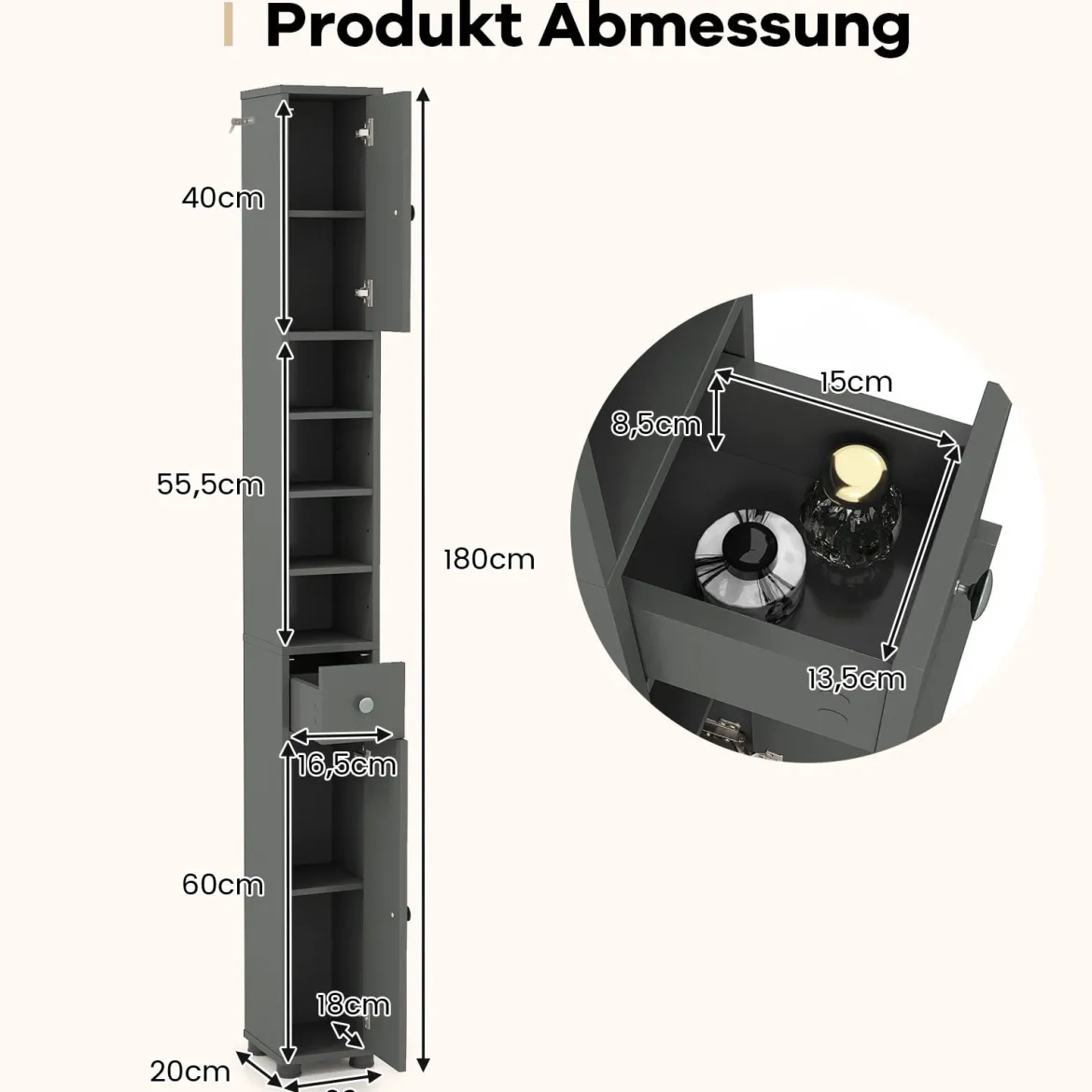 Schmaler Badschrank mit 2 Türen & 1 Schublade & Verstellbaren Regalen Badezimmerschrank Grau