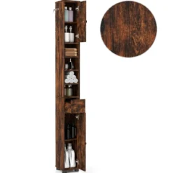 Schmaler Badschrank mit 2 Türen & 1 Schublade & Verstellbaren Regalen Badezimmerschrank Braun