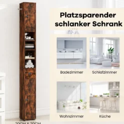 Schmaler Badschrank mit 2 Türen & 1 Schublade & Verstellbaren Regalen Badezimmerschrank Braun