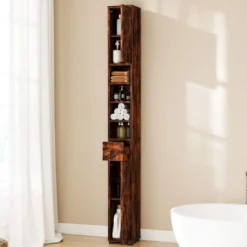 Schmaler Badschrank mit 2 Türen & 1 Schublade & Verstellbaren Regalen Badezimmerschrank Braun
