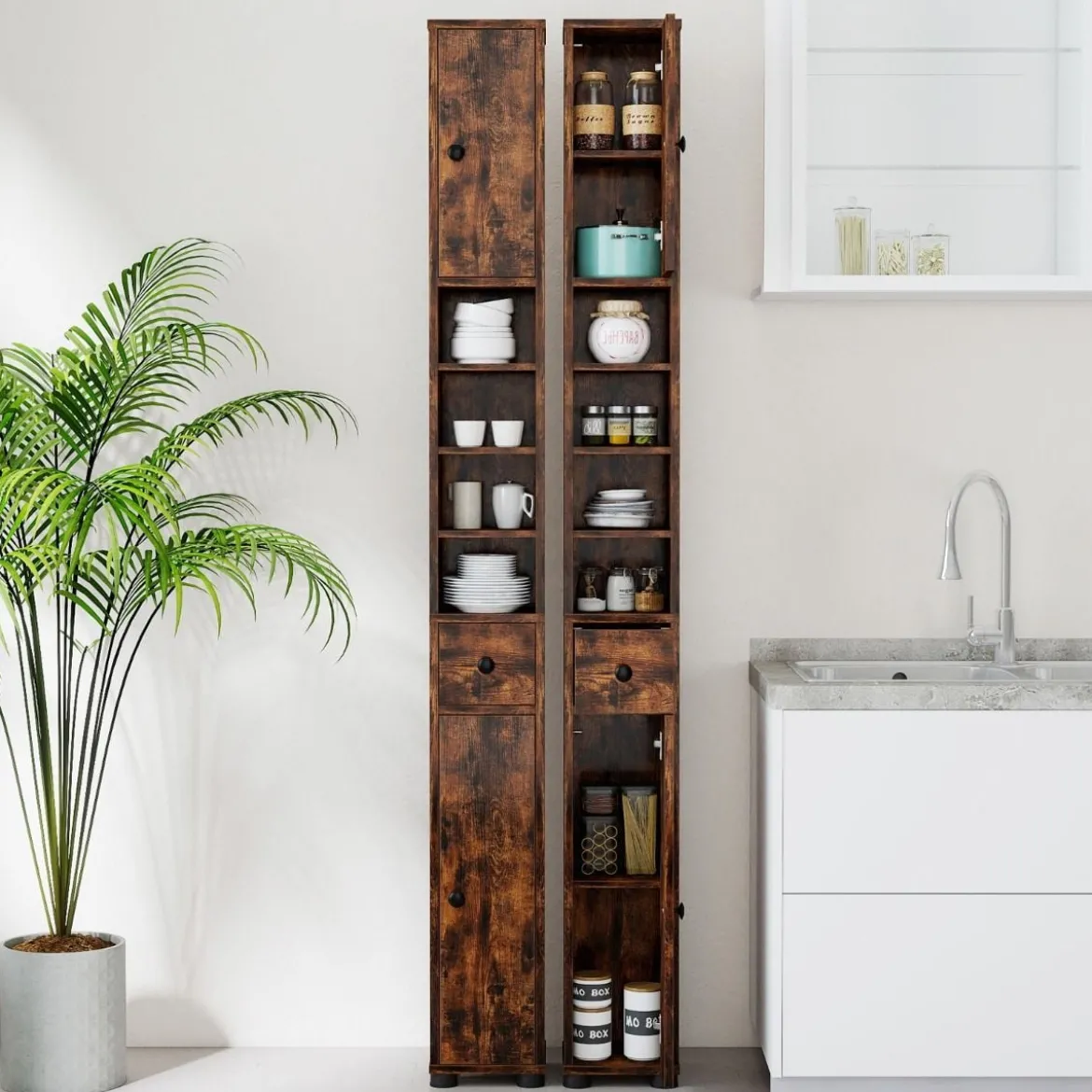Schmaler Badschrank mit 2 Türen & 1 Schublade & Verstellbaren Regalen Badezimmerschrank Braun