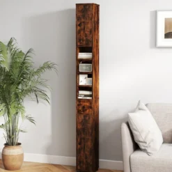 Schmaler Badschrank mit 2 Türen & 1 Schublade & Verstellbaren Regalen Badezimmerschrank Braun