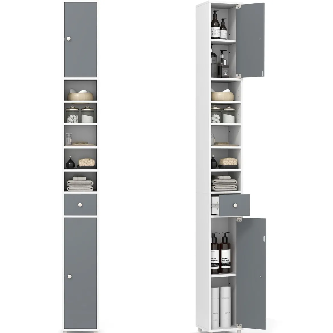 Schmaler Badschrank mit 2 Türen & 1 Schublade Hochschrank 20 x 20 x 180 cm