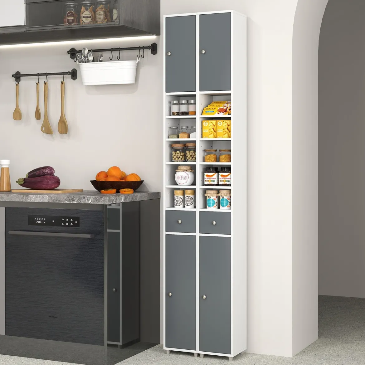 Schmaler Badschrank mit 2 Türen & 1 Schublade Hochschrank 20 x 20 x 180 cm