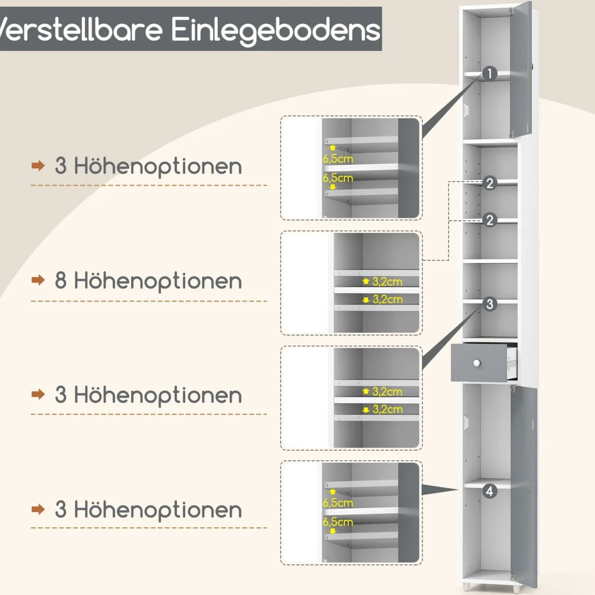 Schmaler Badschrank mit 2 Türen & 1 Schublade Hochschrank 20 x 20 x 180 cm
