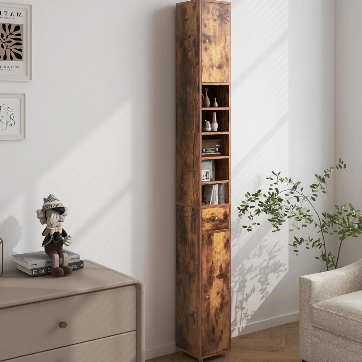 Schmaler Badschrank mit 2 Türen & 1 Schublade Hochschrank 20 x 20 x 180 cm