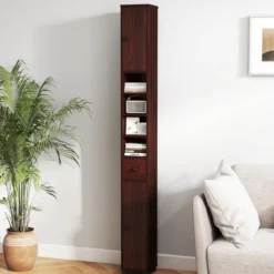 Schmaler Badschrank mit 2 Türen & 1 Schublade & Verstellbaren Regalen Badezimmerschrank Dunkelbraun