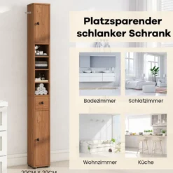 Schmaler Badschrank mit 2 Türen & 1 Schublade & Verstellbaren Regalen Badezimmerschrank Natur