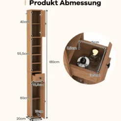 Schmaler Badschrank mit 2 Türen & 1 Schublade & Verstellbaren Regalen Badezimmerschrank Natur