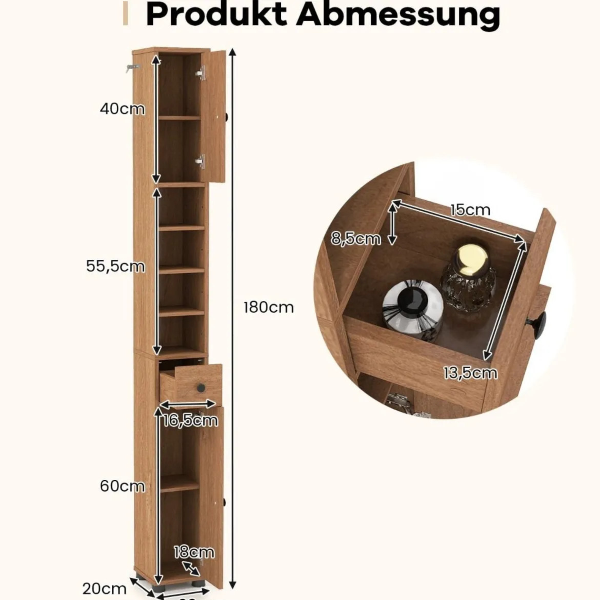 Schmaler Badschrank mit 2 Türen & 1 Schublade & Verstellbaren Regalen Badezimmerschrank Natur