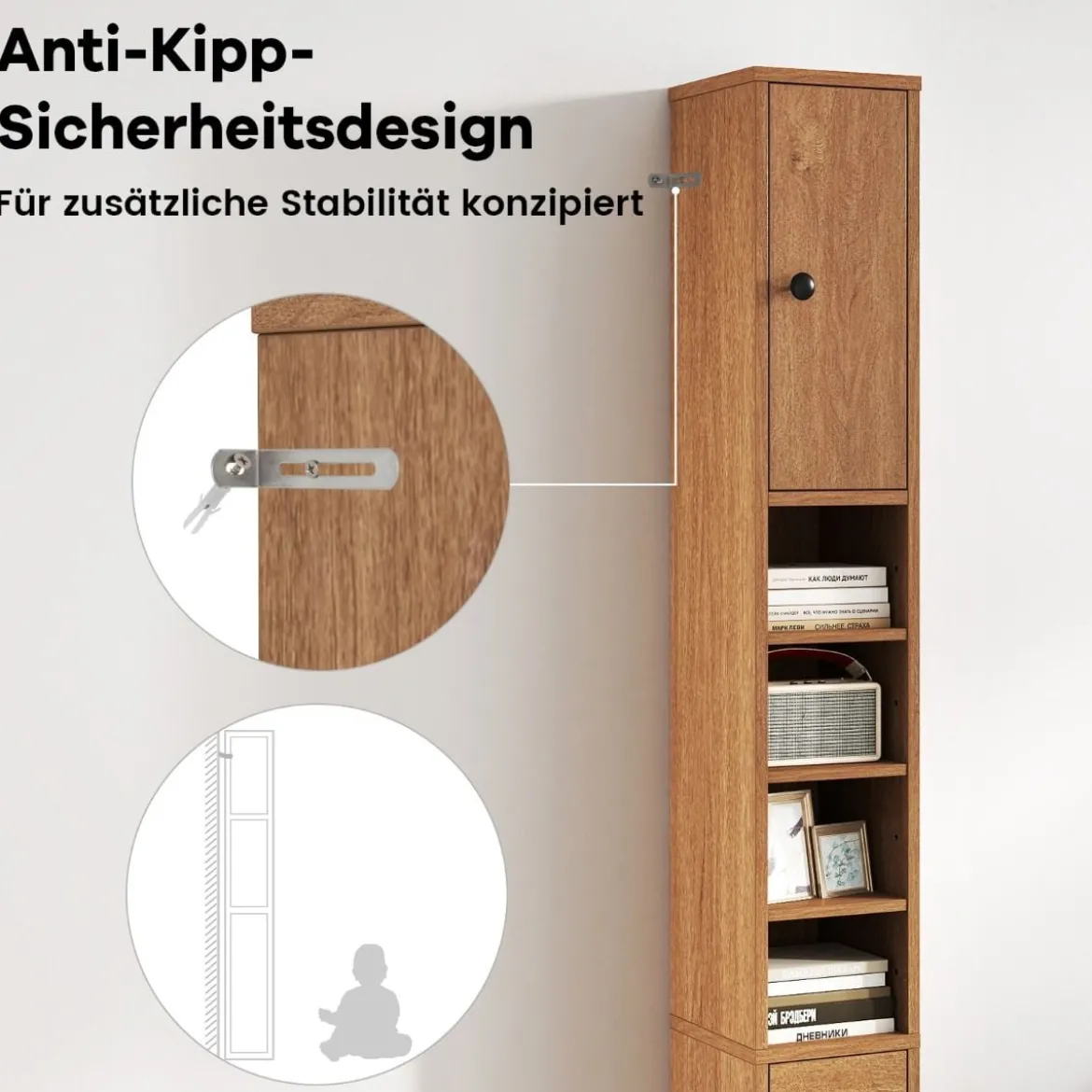 Schmaler Badschrank mit 2 Türen & 1 Schublade & Verstellbaren Regalen Badezimmerschrank Natur