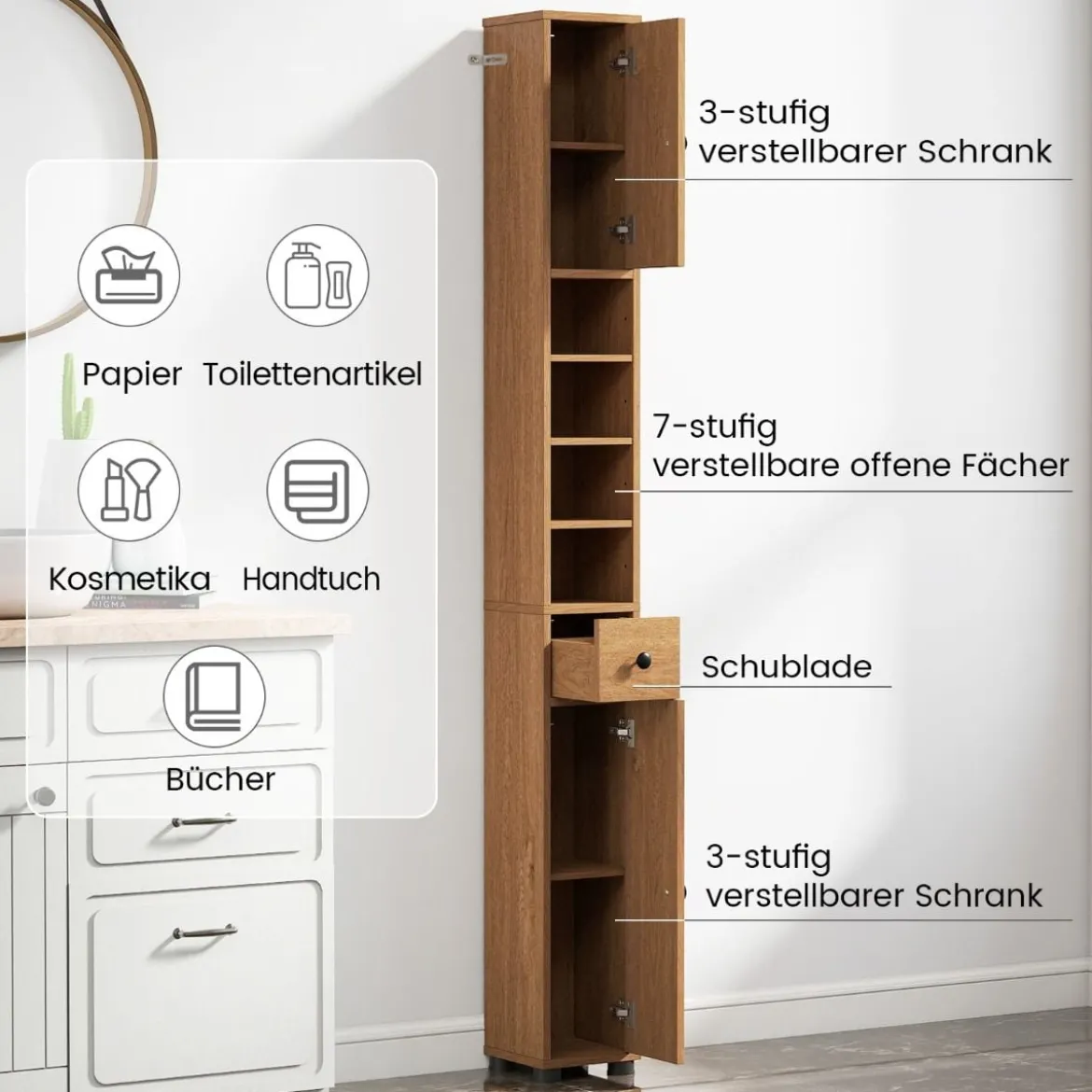 Schmaler Badschrank mit 2 Türen & 1 Schublade & Verstellbaren Regalen Badezimmerschrank Natur