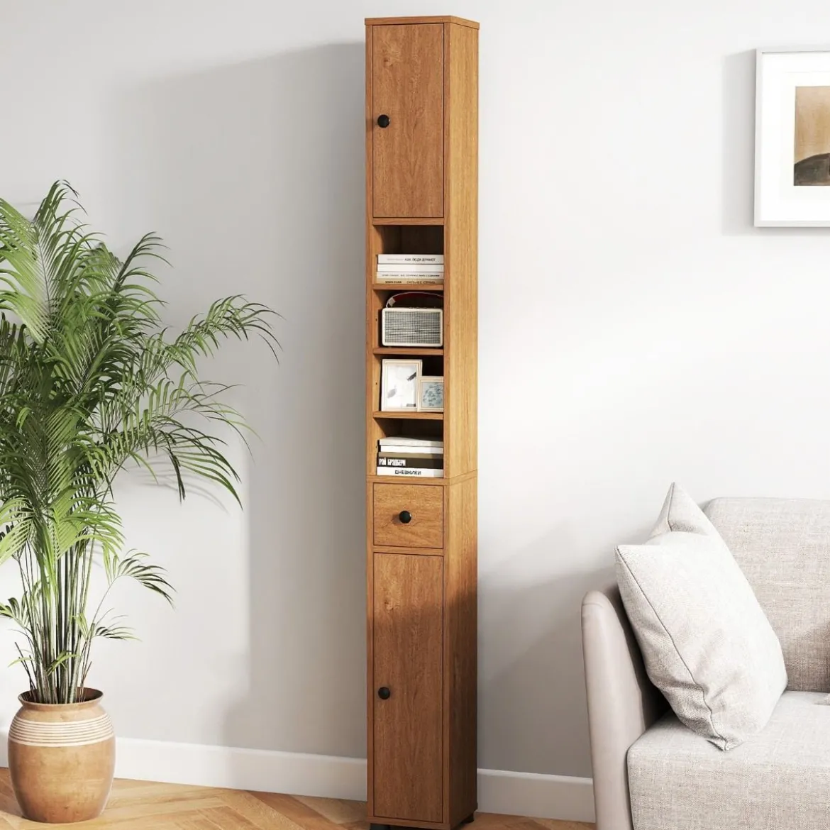 Schmaler Badschrank mit 2 Türen & 1 Schublade & Verstellbaren Regalen Badezimmerschrank Natur