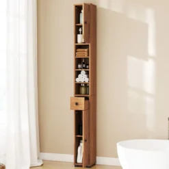 Schmaler Badschrank mit 2 Türen & 1 Schublade & Verstellbaren Regalen Badezimmerschrank Natur