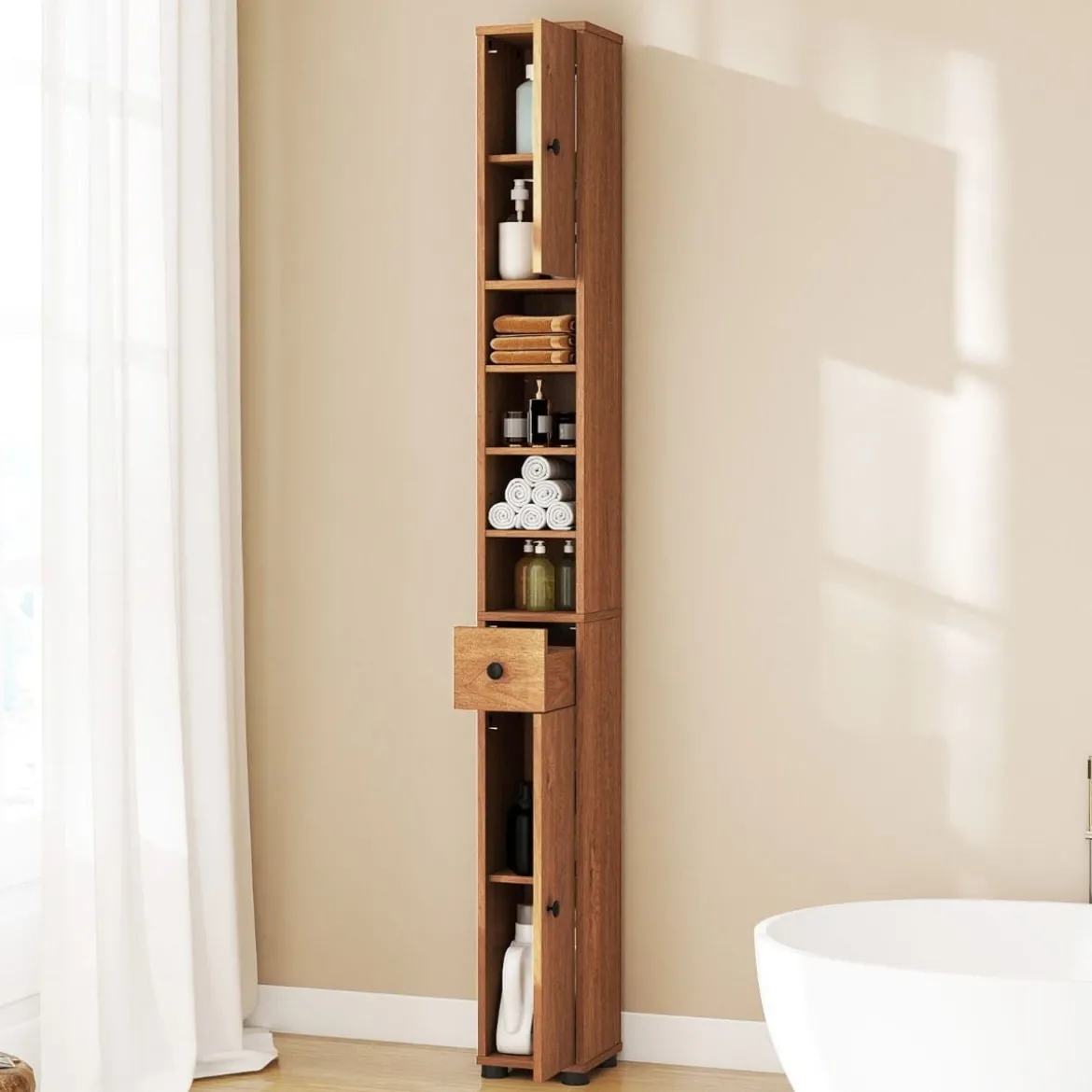 Schmaler Badschrank mit 2 Türen & 1 Schublade & Verstellbaren Regalen Badezimmerschrank Natur