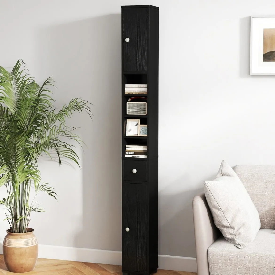 Schmaler Badschrank mit 2 Türen & 1 Schublade & Verstellbaren Regalen Badezimmerschrank Schwarz
